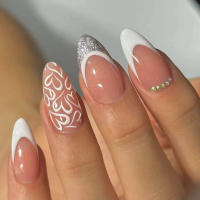 24PCS Uñas Postizas De Alergias Almendradas Con Rayas Blancas Y Línea Plateada Brillante Estilo Francés Para Mujeres Moda Uñas De Fiesta - details 10