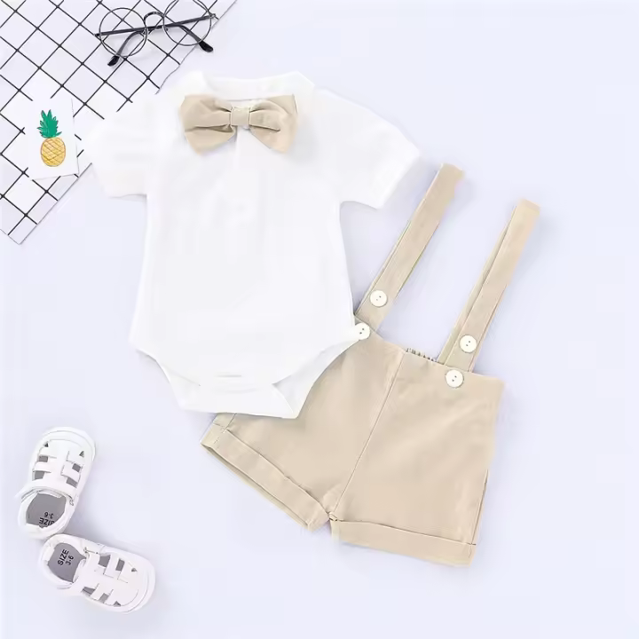 Conjunto De Ropa Para Bebé Niño Nuevo Nacido Verano 0-24 Meses Camisa Con Corbata Camiseta De Manga Corta Y Pantalón Con Suspensión 2PCS - 1