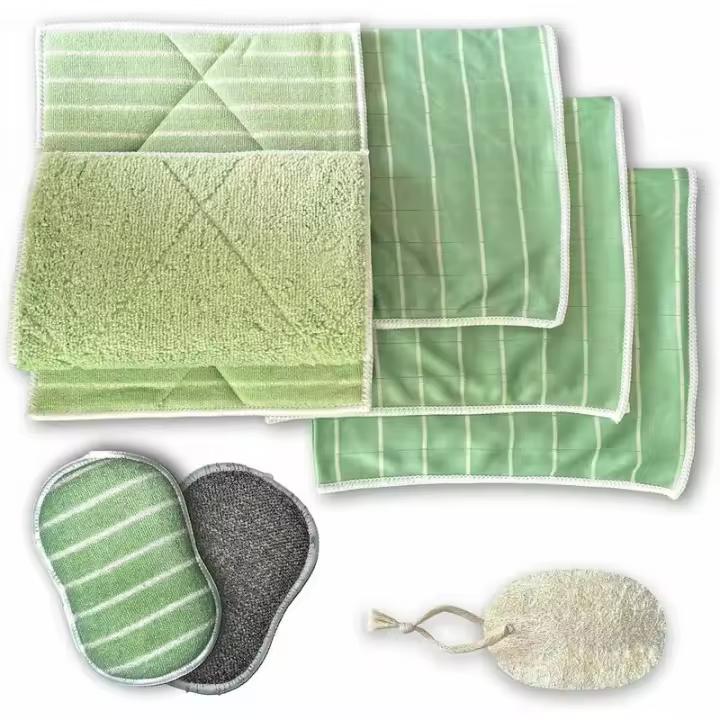 Paño de microfibra de bambú 8 piezas, 3 esponjas GRATIS para limpiar, pulir ventanas, encimeras, placas de inducción, platos, automóviles, vasos Juego de paños de cocina Paños de esponja lavables + lufa - 1