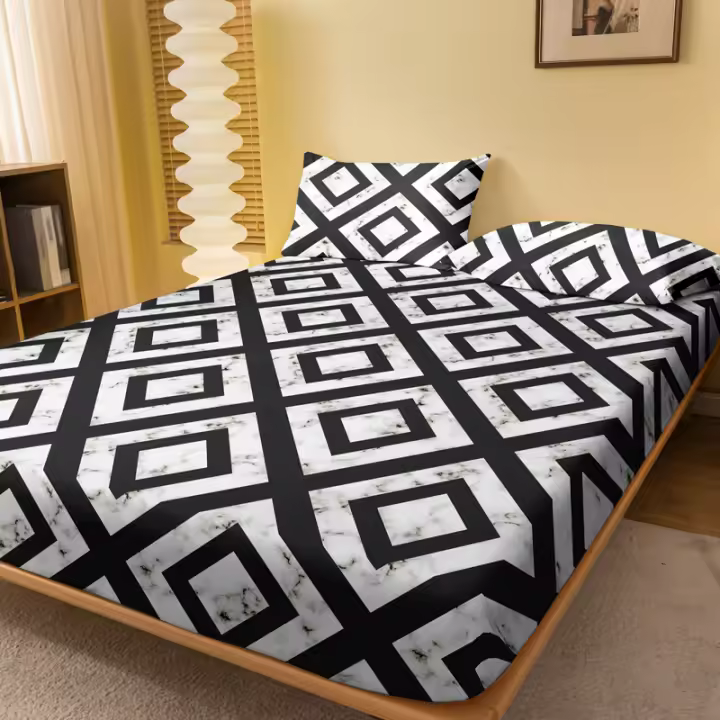 Sábana De Cama Con Patrón Geométrico Negro Y Blanco 1 Pieza Funda De Sábana Con Estampado En Tela De Poliéster 100% Para Dormitorio - 1