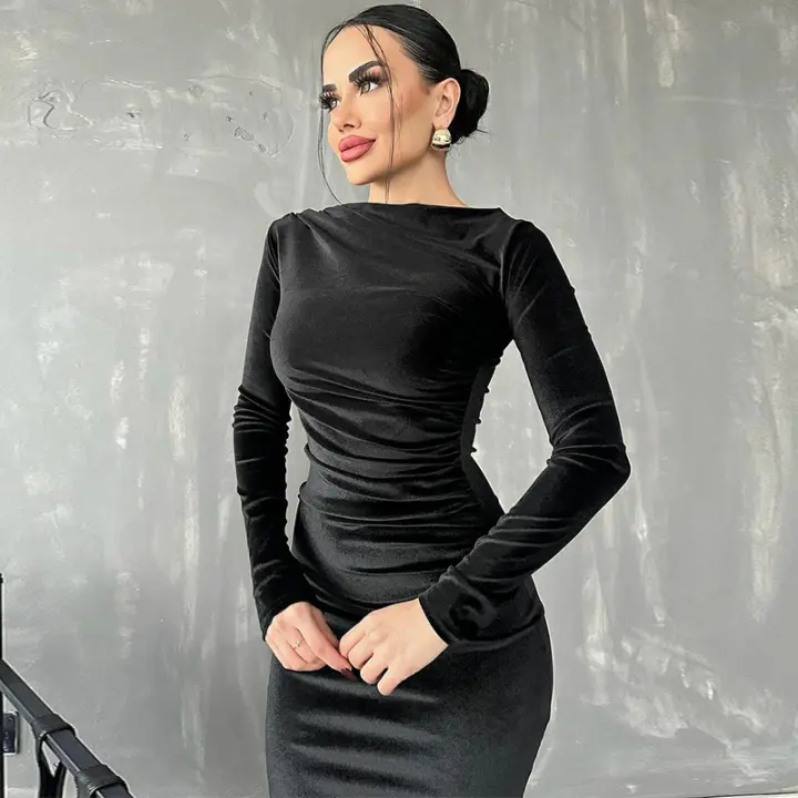 Vestido Midi De Veludo Dulzura Para Mujer Verano 2024 Manga Larga Elegante Fiesta Noche Verde Ruched Slim O-Neck Polyester Spandex - 1