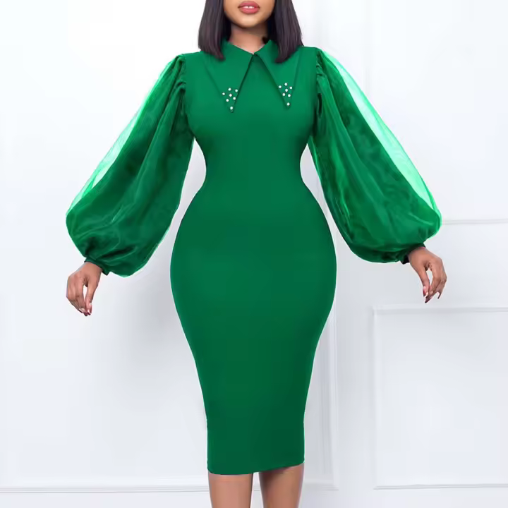 Vestido Elegante Para Oficina Para Mujer Profesional Con Cuello En V Y Diamantes Ajustado Silueta De Saco Midi Formal Vestido De Trabajo - 1