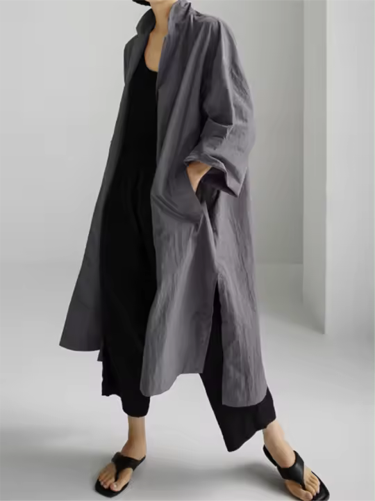 Vestido De Mujer REALEFT 2024 Algodón Y Lino Estilo Coreano Casual Con Bolsillos Y Abertura Lateral Cuello En V Manga Larga Longitud Media Pierna - 1