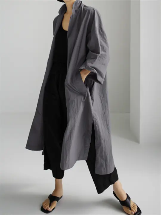 Vestido De Mujer REALEFT 2024 Algodón Y Lino Estilo Coreano Casual Con Bolsillos Y Abertura Lateral Cuello En V Manga Larga Longitud Media Pierna - 1