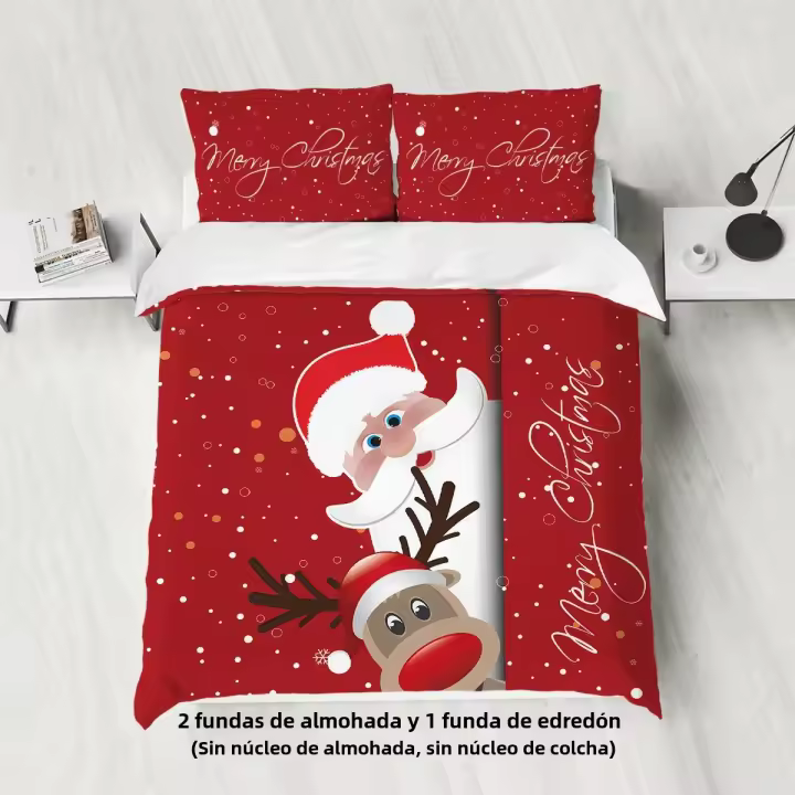 Juego De Cama Navideño 3 Piezas Con Estampado De Santa Claus (1 Funda De Edredón + 2 Fundas De Almohada) Set De Ropa De Cama Suave Y Cómoda - 1