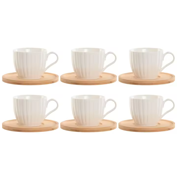 Set de 6 Tazas de Porcelana con Plato de Bambú – Elegancia y Sencillez. OJO !!! Capacidad de las Tazas: 90 ml: Ideal para espresso. 220 ml: Ideal para café americano. Viene en una caja cuidadosamente diseñada, lo que lo conviert - 1