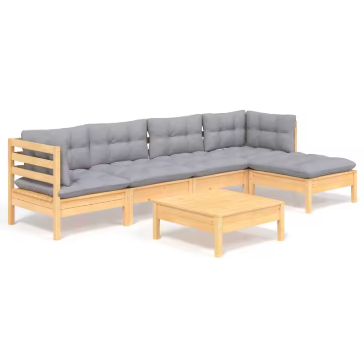 vidaXL Juego de muebles de jardín 6 pzas y cojines madera pino gris - 1