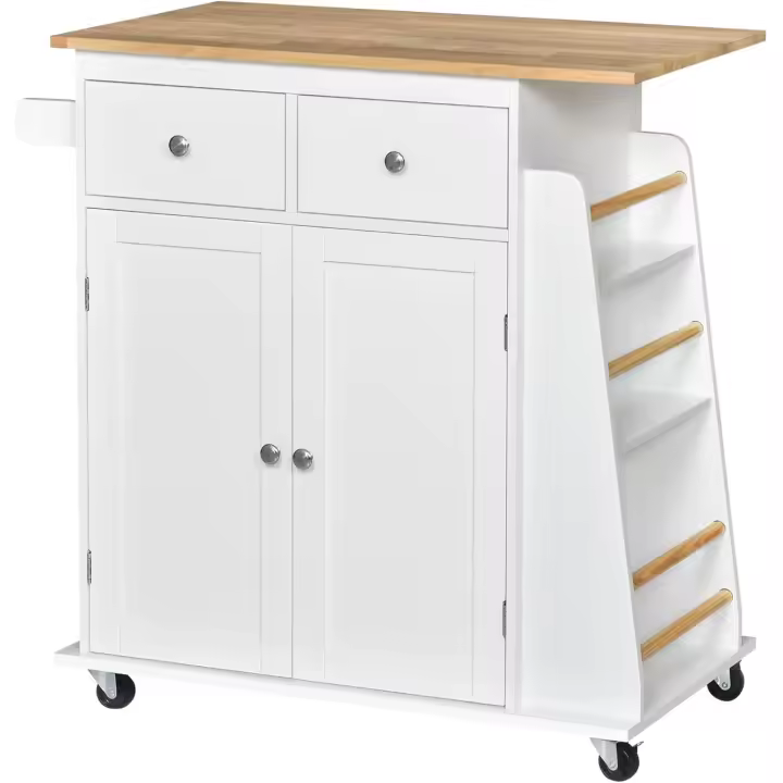 Carro de Madera Auxiliar con Ruedas Carrito de Servicio con 2 Cajones de Regulable y Barra para Colgar 89x45x89,5 cm Blanco - 1