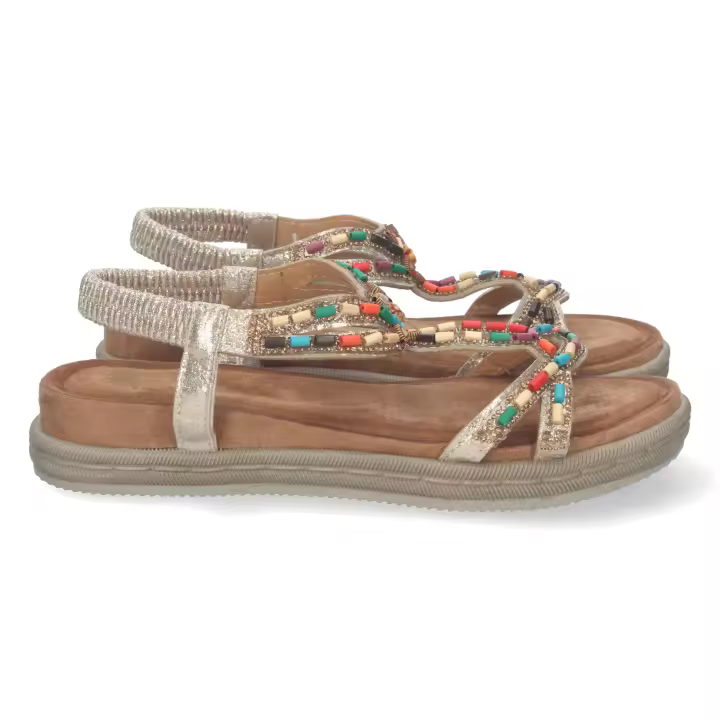 Davinia Shoes Sandalia Plana para Mujer, Comoda, Tiras con Detalles de Colores, y Cierre Elastico en el Talon Shoes&Blues.es AF-2329-Oro - 1