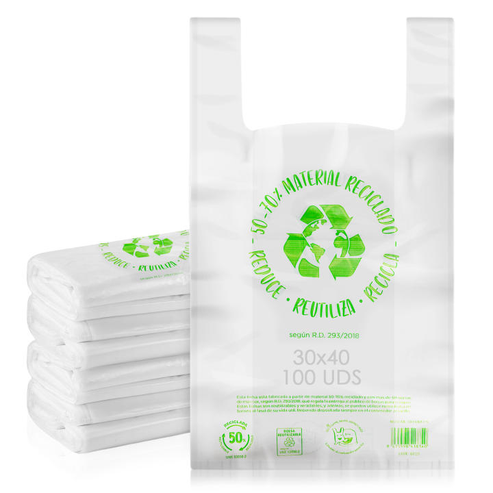 MARCPRINT Bolsas de Plastico con Asas 70% Recicladas - Bolsas de Plastico Aptas para Uso Alimentario - Bolsas Plastico Asas de Polietileno - Galga 200 - 50 Micras - Bolsas de Camiseta  Hecha de Plastico Reciclado
