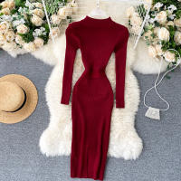 Vestido REALEFT De Punto Para Mujer Con Cuello Alto Y Mangas Largas Estampado Sólido Estilo Casual Vestido De Abrazo Largo Hasta La Rodilla Para Otoño E Invierno - details 18