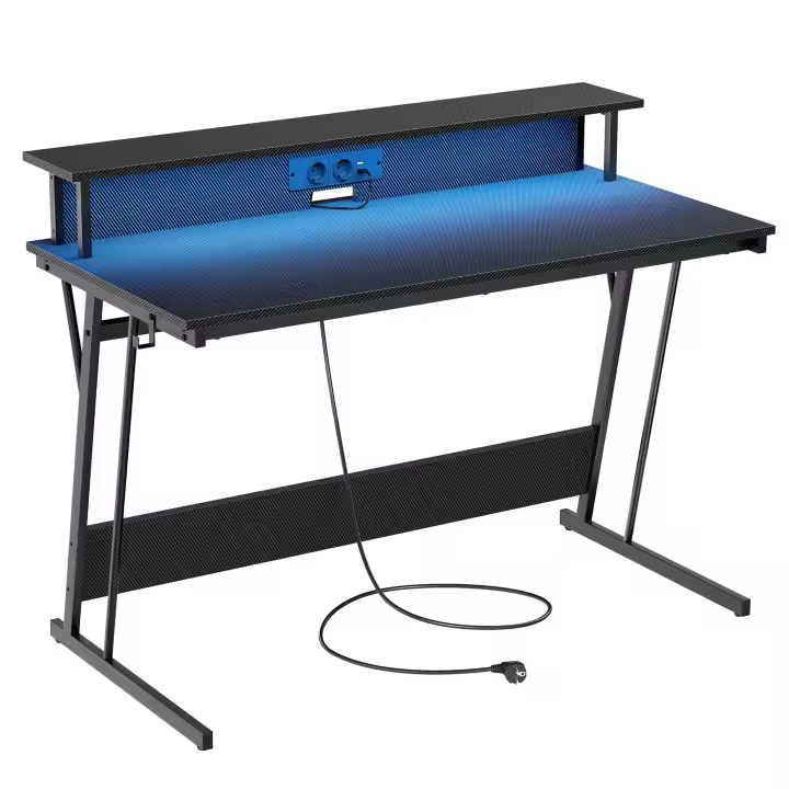 VASAGLE Escritorio para Juegos con Luces LED y Tomas de Corriente Incorporadas, Escritorio con Estante para 2 Monitores, Mesa para Oficina Dormitorio, 60 x 120 x 76 cm,  Negro Carbón/Marrón Rústico - 1