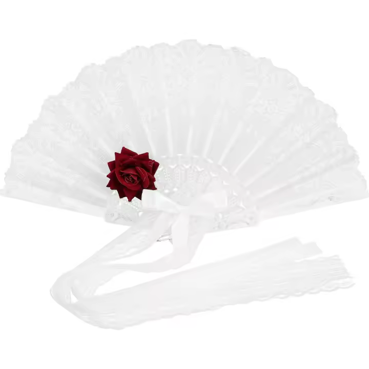 Abanico plegable de encaje con Rosas Decorativas, vintage, de mano, para Cosplay, color Blanco - 1