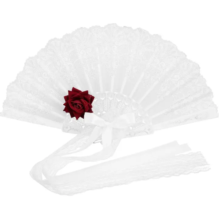 Abanico plegable de encaje con Rosas Decorativas, vintage, de mano, para Cosplay, color Blanco - 1