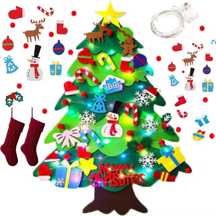Árbol de Navidad de fieltro para niños pequeños, árbol de Navidad de fieltro para niños, juego de árbol de Navidad para colgar en la pared de 3,2 pies con 32 adornos y cadena de luces LED, regalos de Navidad y decoraciones para fiestas - 1