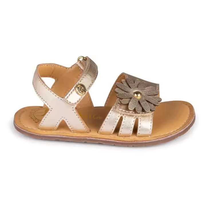 SANDALIA BAREFOOT ORO – FLOR METÁLICA Y DESTELLOS DORADOS - 1