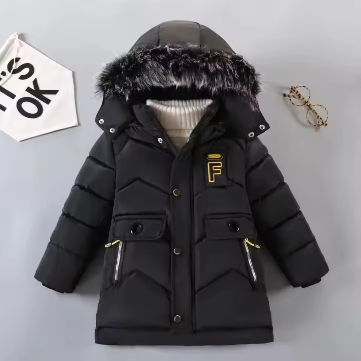 Boys Jacket Letter Winter Keep Warm Fashion Lining With Plush Fur Collar Hooded Heavy Coat For Kids - 1