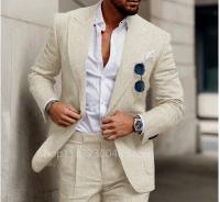 Traje De Lino Azul/Oro Para Hombre Estilo Casual Con Pico Monóculo Corte Slim Fit Pantalones High Quality 2 Piezas Traje De Boda - details 1