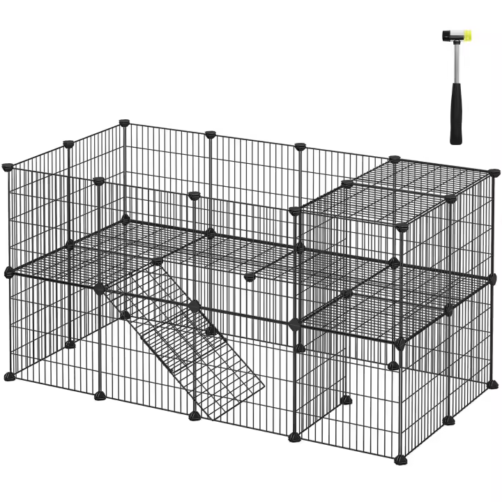 SONGMICS - Valla para animales domésticos, 2 niveles, recinto modulable, para animales pequeños, hámsters, conejos, conejillos de indias, paneles de malla, uso interior, 143 x 73 x 71 cm, Negro/Blanco - 1