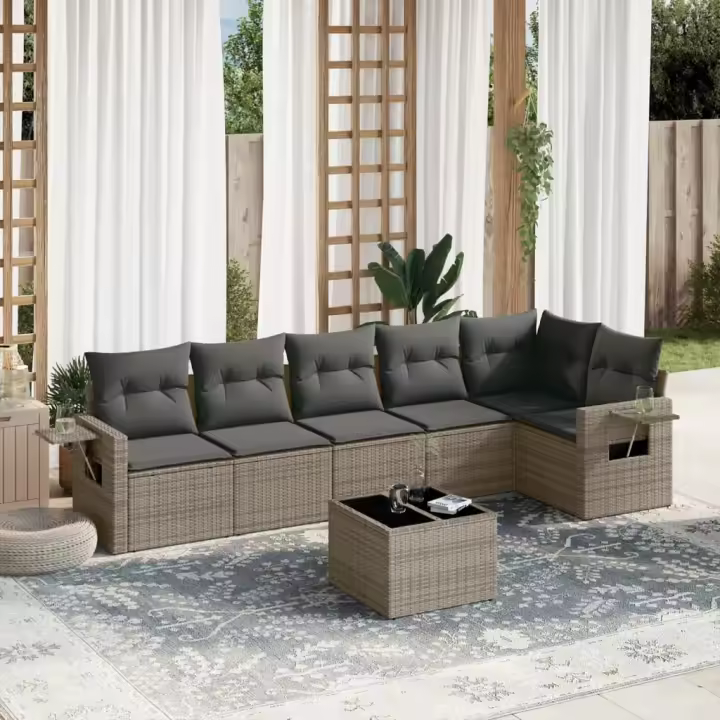 vidaXL Set de sofás de jardín 7 piezas con cojines ratán PE gris - 1