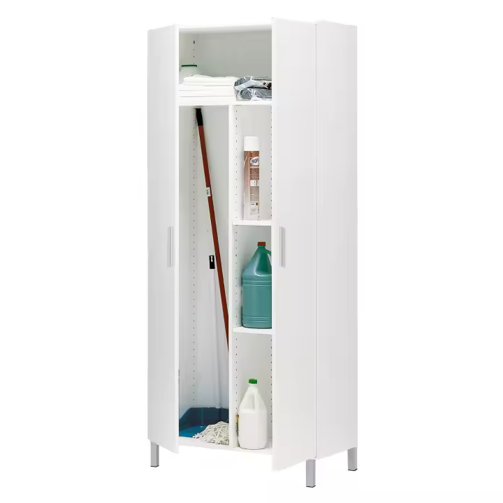 Buyqualia Armario escobero Multiusos Dos Puertas, Ruedas, Color Blanco Alto 188 / Ancho 82 / Fondo 35 - 1