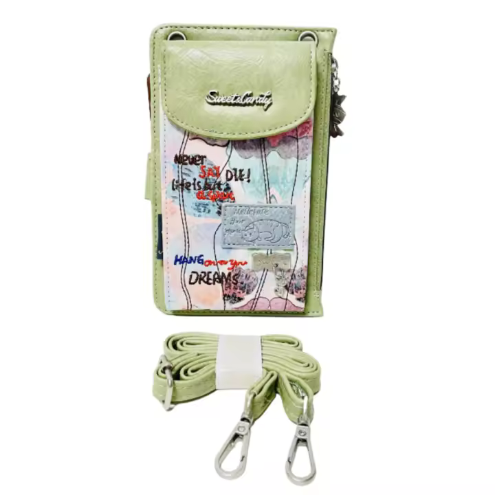 Sweet Candy, Bolso Monedero Para Móvil, Portamóvil, Monedero, Tarjetero, Con Correa, con diseño bordado, Suave, Color Verde, 19 x 3 x 12 cm, Kiglam - 1