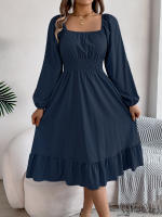 Vestido A-Line De Mujer Elegante Otoño Invierno Color Sólido Cuello Cuadrado Manga Larga Volantes Vestido Midi Casual Polyester Spandex - details 15