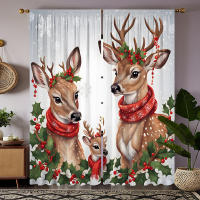 2pcs Cortinas Decorativas De Navidad Con Dibujo De Ciervo Y Fruta Roja Estampadas Digitalmente Cortinas De Casa Estilo Pastoral - details 1