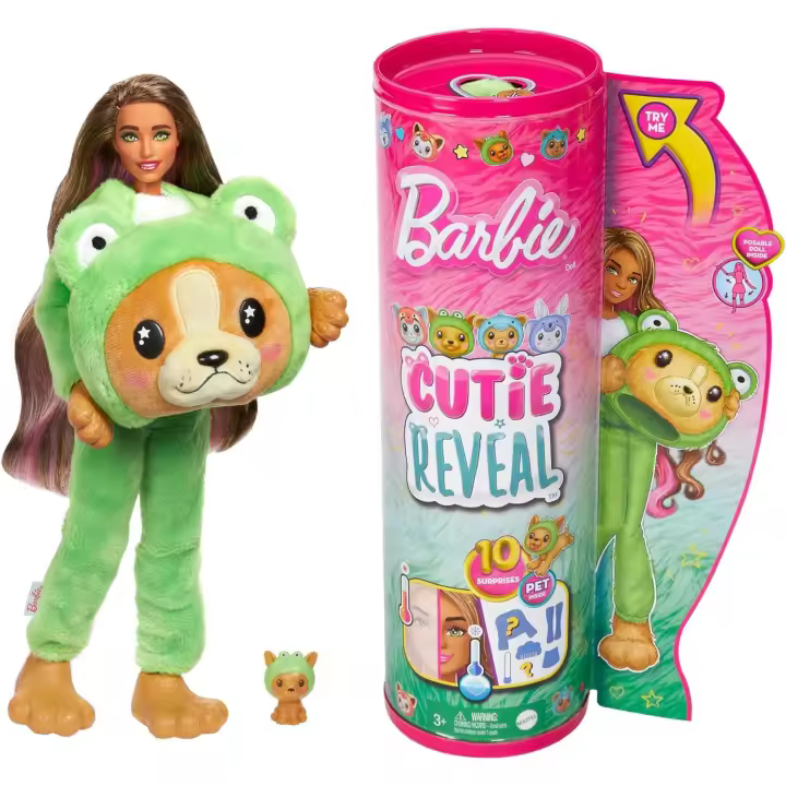 Barbie Cutie Reveal Serie Disfraces Perro rana Animal revela muñeca con mascota y accesorios sorpresa de moda, juguete +3 años (Mattel HRK24) - 1