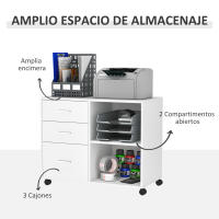 HOMCOM Armario de Oficina con Espacio para Impresora Multifuncional con 3 Cajones Estante Ajustable Ruedas Gran Capacidad de Almacenaje 80x40x65 cm Blanco - details 3