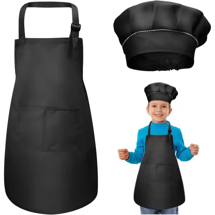 Juego de delantal y gorro de chef para niños, delantales de cocina ajustables con 2 bolsillos para niñas y niños, delantal de chef de jardín para hornear pintura y manualidades (7-13 años) (negro) - - 1