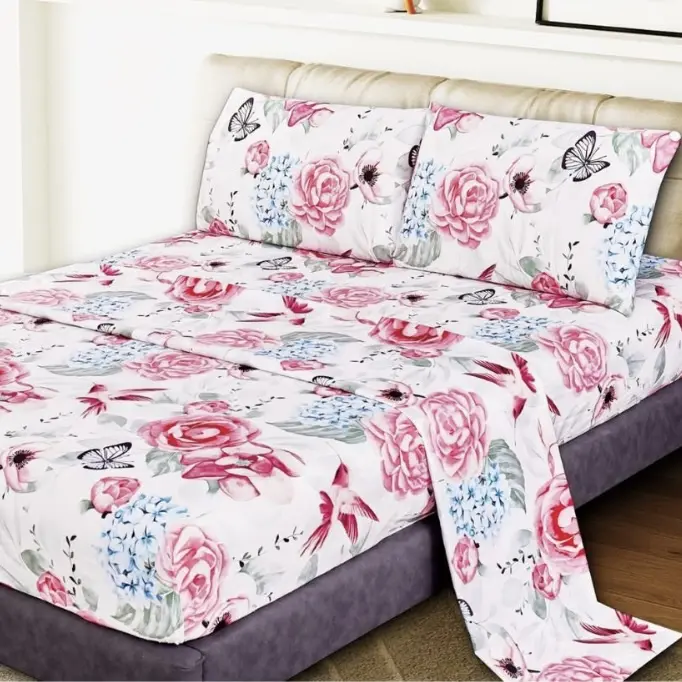 Juego de Sábanas Rosas con Diseño de Rosas Clásicas - Funda Nórdica + Sábana Ajustable Elástica + 1-2 Fundas de Almohada | Tallas 90/135 cm (3 Piezas) y 150 cm (4 Piezas) | Poliéster Ultra Suave Antipilling y Lavado Express - 1