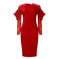 Vestido Elegante De Mujer Con Cuello Redondo Y Manga Larga En Luto Sólido Ajustado Hasta Las Caderas Largo Medio Para Fiestas Y Comidas En El Restaurante - details 29