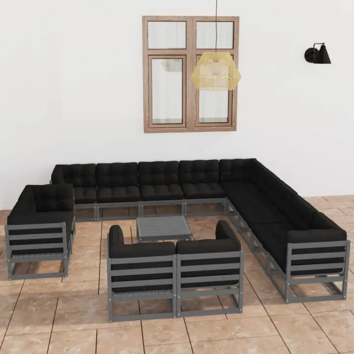 vidaXL Set de muebles de jardín 14 pzas con cojines madera pino gris - 1