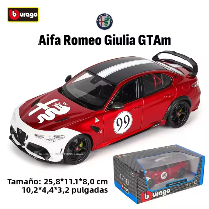 Modelo De Coche Clásico Bburago 1:18 Alfa Romeo Giulia GTAm #99 Aleación Lujo Juguete Colección Regalo Para Adultos Y Niños - 1