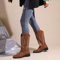 Botas Clásicas De Invierno Para Mujer En Cuero Sastre Punta Puntiaguda Suela Mediana Botines Cómodos Y Simples Estilo Cowboy - details 0