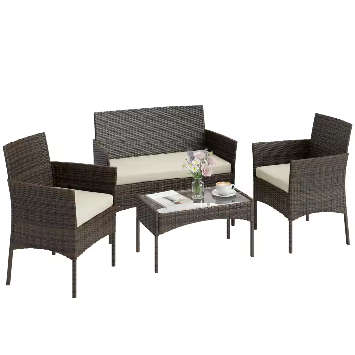 Outsunny Conjunto Jardín Exterior de Ratán con Cojines Conjunto Terraza Resistente a la Intemperie Muebles Jardín Exterior con 2 Sillones Sofá de 2 Plazas Mesa con Cristal Marrón - 1