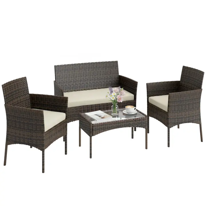 Outsunny Conjunto Jardín Exterior de Ratán con Cojines Conjunto Terraza Resistente a la Intemperie Muebles Jardín Exterior con 2 Sillones Sofá de 2 Plazas Mesa con Cristal Marrón - 1