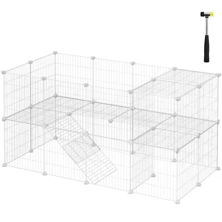 SONGMICS - Valla para animales domésticos, 2 niveles, recinto modulable, para animales pequeños, hámsters, conejos, conejillos de indias, paneles de malla, uso interior, 143 x 73 x 71 cm, Negro/Blanco - 1