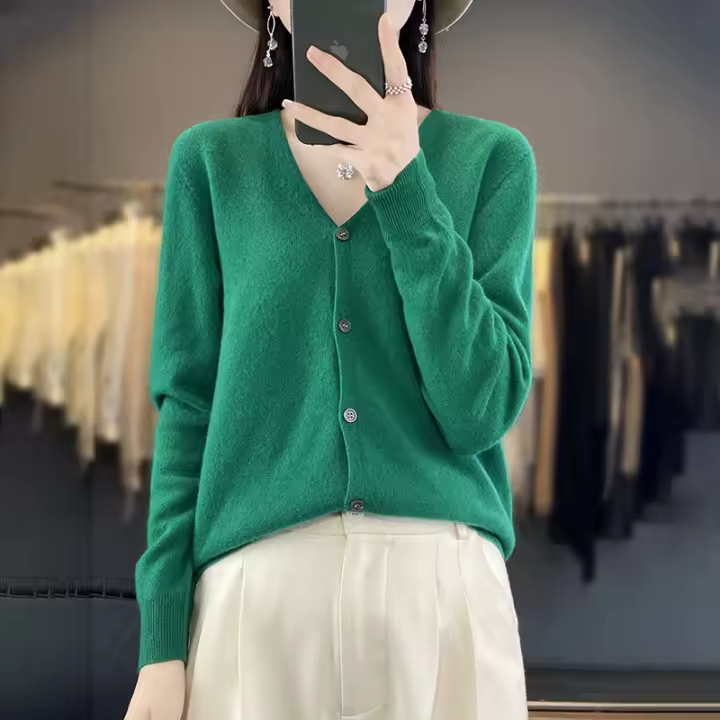 Suéter De Punto De Lana Merino 100% Para Mujer Cuello V Otoño Invierno Estilo Coreano Versátil Moda Oficina Regular Cierre Único Manga Larga - 1