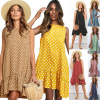 Vestido De Polka Dot Con Volantes Para Mujer Sin Mangas Cuello Redondo Corte Largo Casual Vestido De Verano De Polyester - details 0