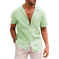 MOV-Camiseta de manga corta de lino de verano para hombre, talla grande, sudadera holgada, cárdigan con botones de color liso, camisa de algodón y lino para hombre - details 21