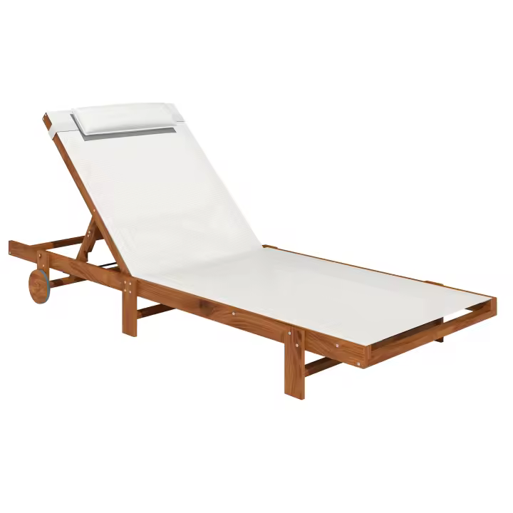 Outsunny Tumbona Reclinable de Madera con Ruedas Tumbona Jardín Exterior con Respaldo Ajustable en 4 Niveles y Reposacabezas Carga 120 kg para Patio Terraza Balcón 200x84x101 cm Blanca y Teca - 1