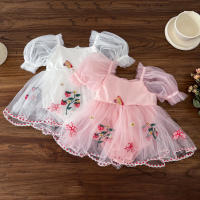 Vestido De Princesa Para Bebé Verano Con Manga Puff Y Gran Lazo Bordado De Fresa Falda Enredadera Para Niñas Ropa De Salir - details 0