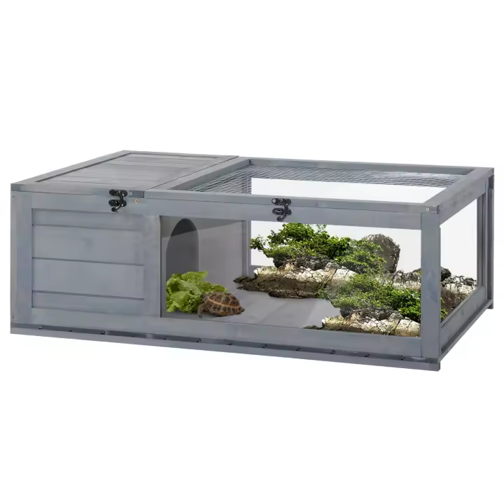 PawHut Casa para Tortugas de Madera Terrario para Reptiles con Techo de Malla Paneles Laterales Transparentes Extraíbles y Pestillo de Seguridad Caseta para Tortugas 91x60,5x32 cm Gris - 1
