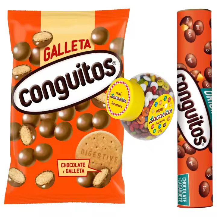 Pack Conguitos semitubo 450 g,galleta leche bolsa 1kg,Lacasitos mini color bote 129g - 1