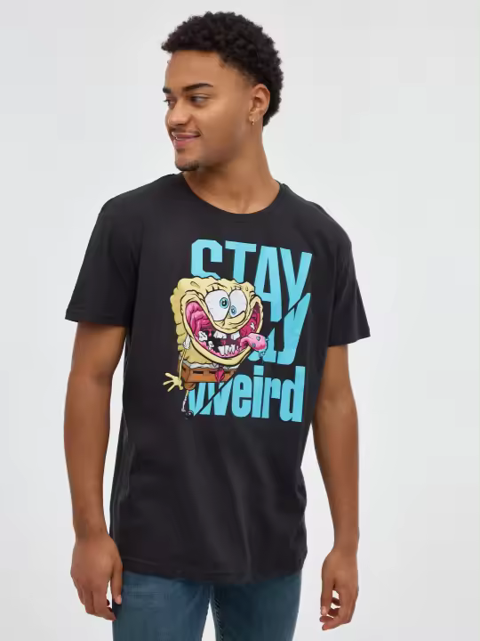 Camiseta negra de manga corta y cuello redondo con estampado de licencia de Bob Esponja INSIDE - 1