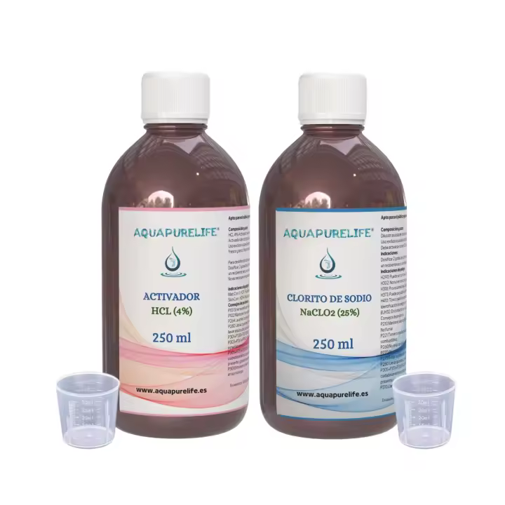 Kit para Fabricar Dióxido de Cloro CDS - Compuesto por una Botella de HCL al 4% activador y una Botella de clorito de Sodio al 25% - Envasado en cristal ambar - No Apto para el Consumo Humano Directo( 250ml ) - 1