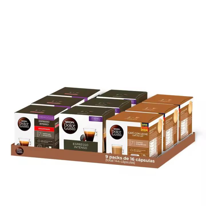 Dolce Gusto - Pack Especial Café Surtido 9 cajas (144 Cápsulas)  Contiene 3 cajas de Café con leche (48 cápsulas) + 3 cajas de Espresso Intenso (48 cápsulas) + 3 cajas de Espresso Intenso descafeinado (48 cápsulas) - 1