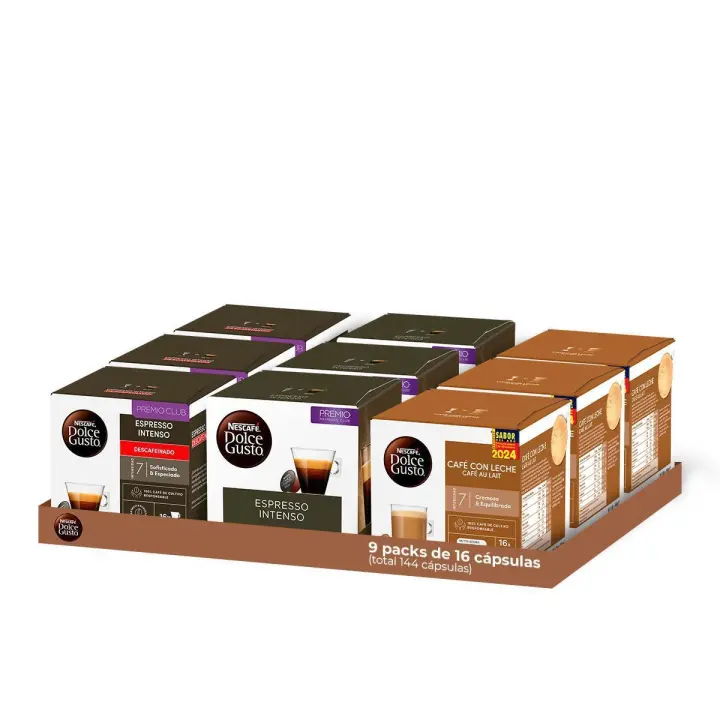 Dolce Gusto - Pack Especial Café Surtido 9 cajas (144 Cápsulas)  Contiene 3 cajas de Café con leche (48 cápsulas) + 3 cajas de Espresso Intenso (48 cápsulas) + 3 cajas de Espresso Intenso descafeinado (48 cápsulas) - 1
